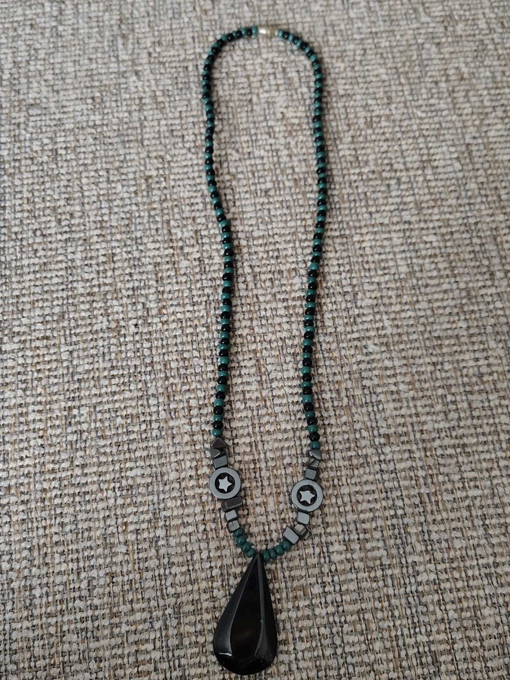Handcrafted Black And Turquoise Beaded Pendant Necklace - Unbranded